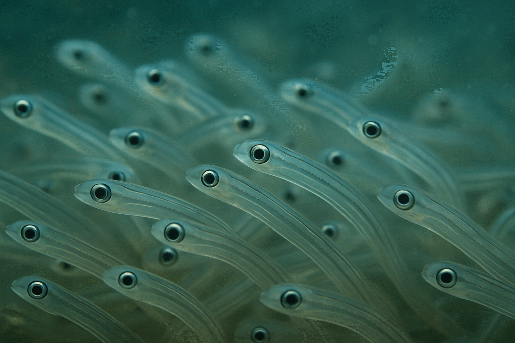 Banco de angulas bajo el agua. Transparentes